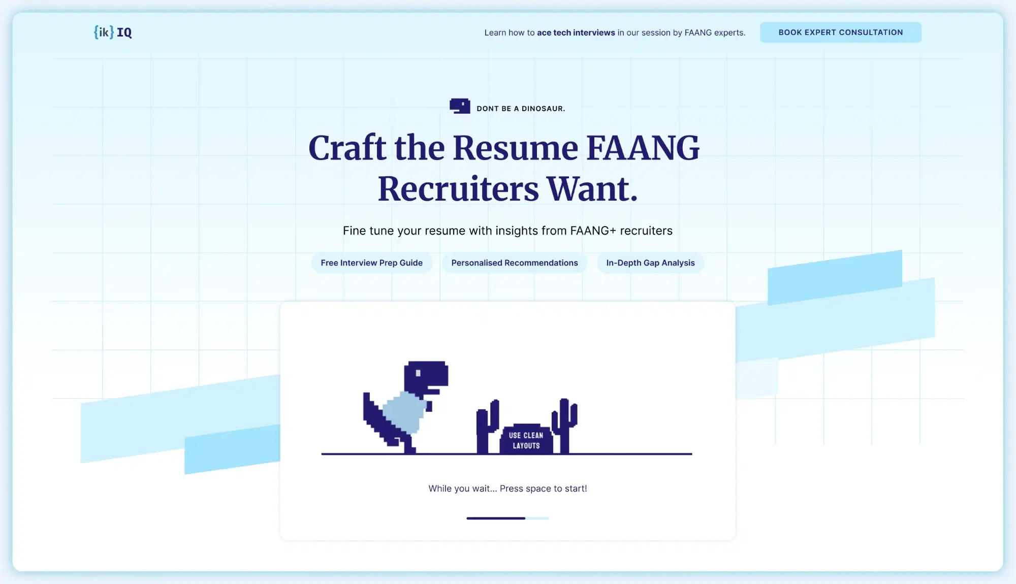 The resume upload page with the dino loading game shown mid-tip, reading Use clean layouts