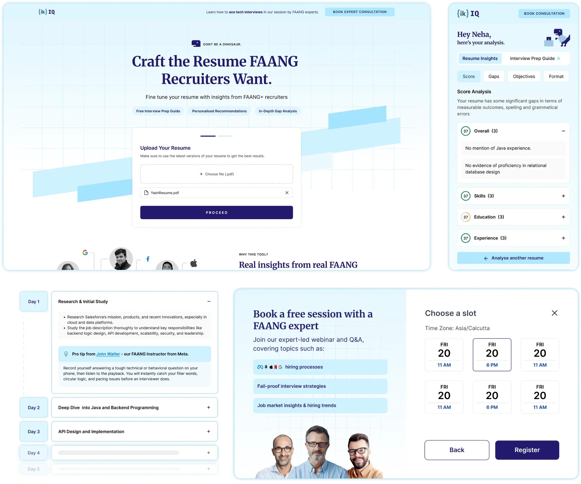 Screens from the shipped tool: the landing page and resume upload, the analysis results panel, the 10-day action plan, and the webinar slot booking flow