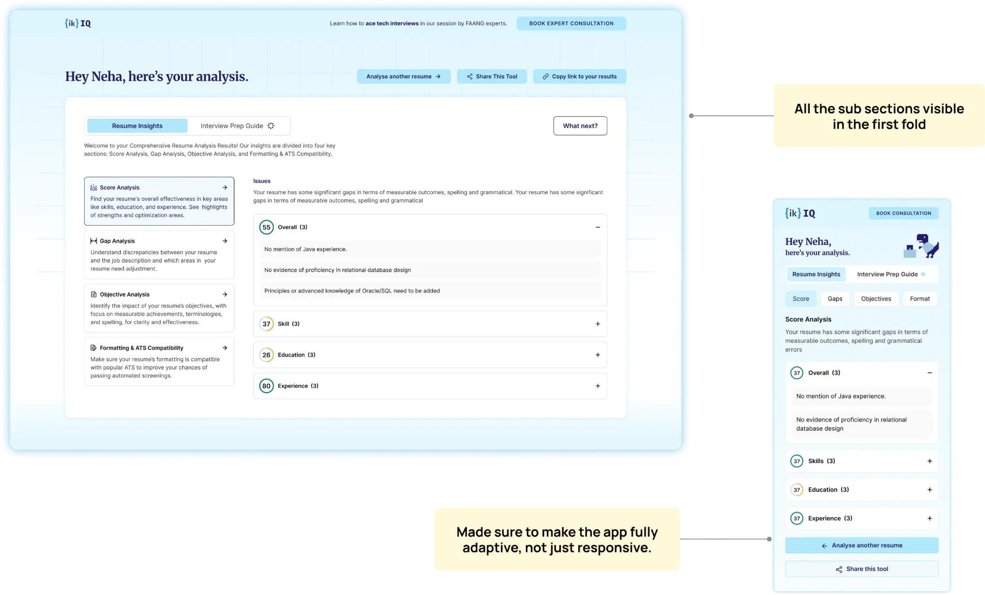 The results page on desktop with all four analysis sections visible in the first fold, and the mobile version with tabs collapsed to chips, annotated with notes on first-fold visibility and adaptive layout