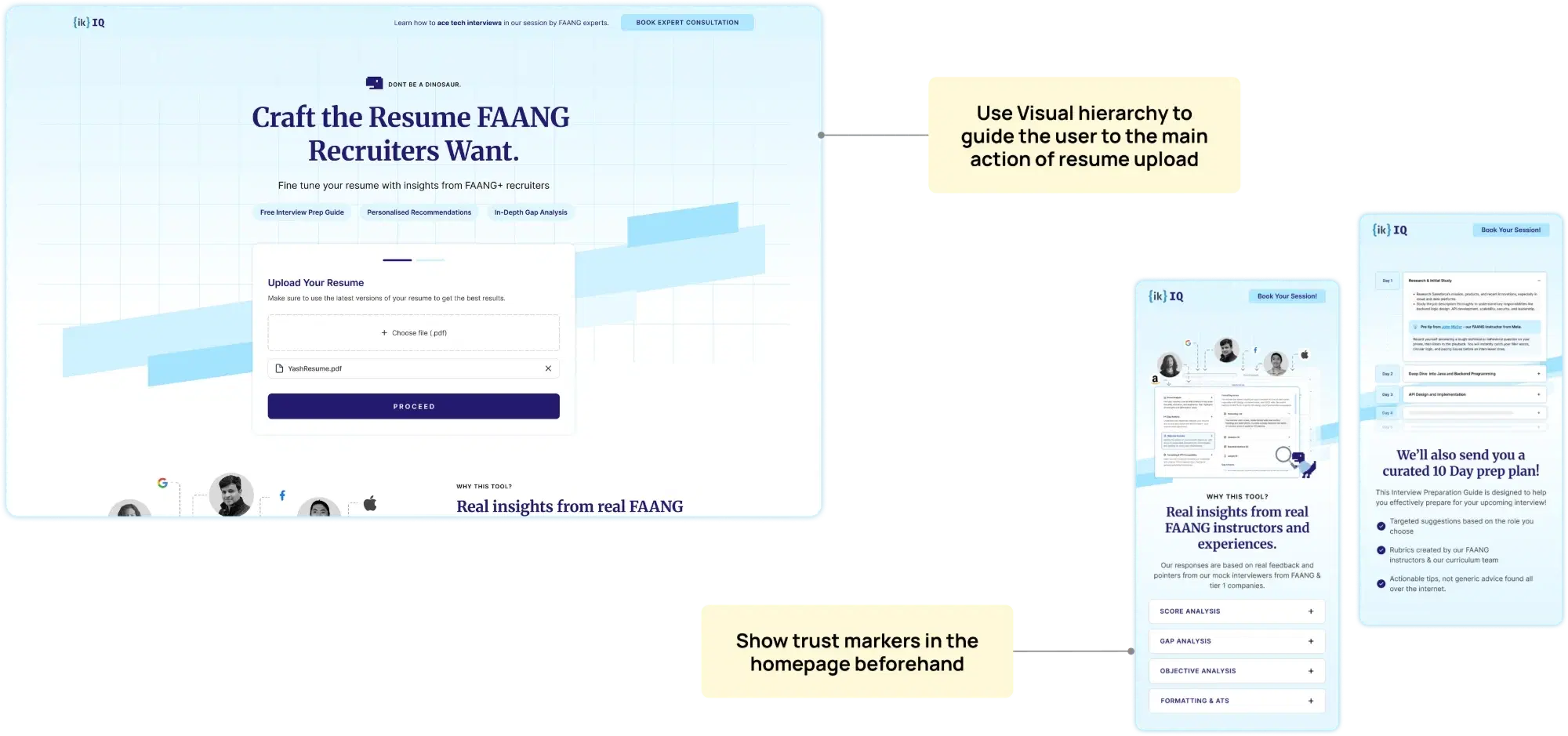 Landing page with resume upload, and the mobile trust-markers and 10-day prep plan screens, annotated with notes on visual hierarchy and trust markers