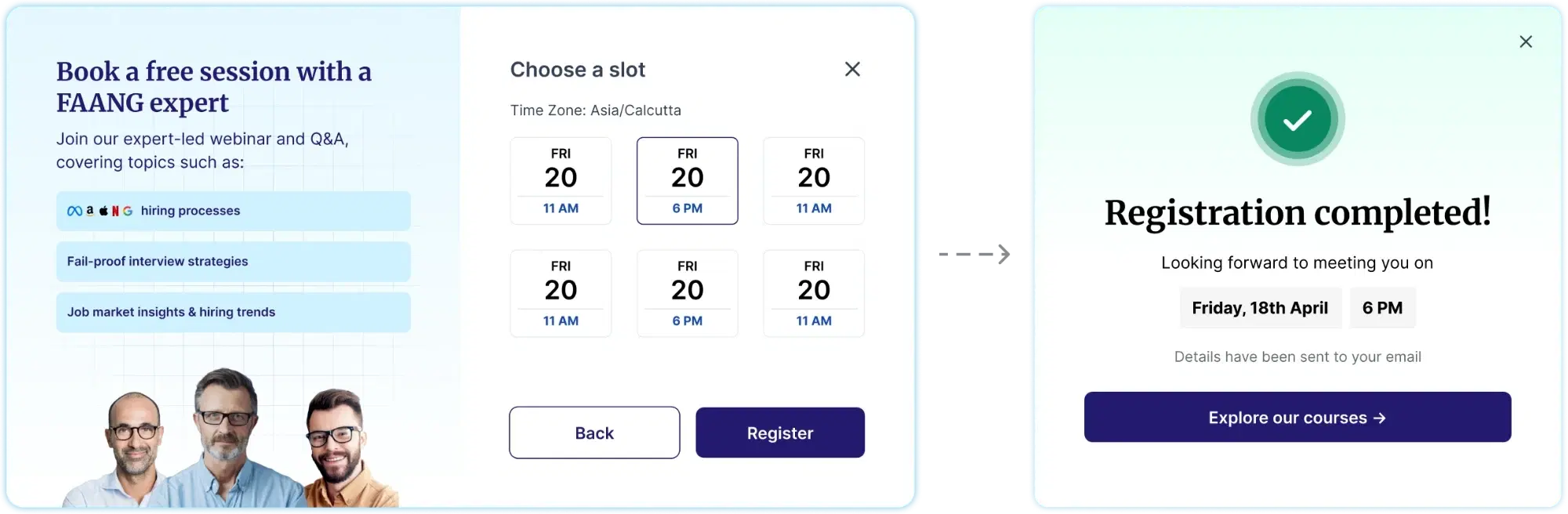 Webinar slot-booking popup showing book a free session with a FAANG expert, and the registration completed confirmation popup